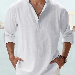 100% Cotton Twill Anti-Wrinkle Men's Shirt Stand Collar Long Sleeves Loose Fit Solid Color for Spring Summer Casual Sports