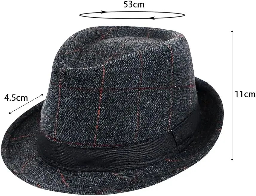 Zylioo Multi Size Vilt Trilby Hoeden,Verstelbare Maat Warm Fedora Hoed,Unisex Manhattan Hoed,Korte rand Cubaanse hoed met lint, Korte rand - grijs, 7.75