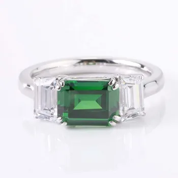 10k real white gold green emerald cut cubic zirconia 3 stone rings with 2 tapper cut side white cubic zirconia