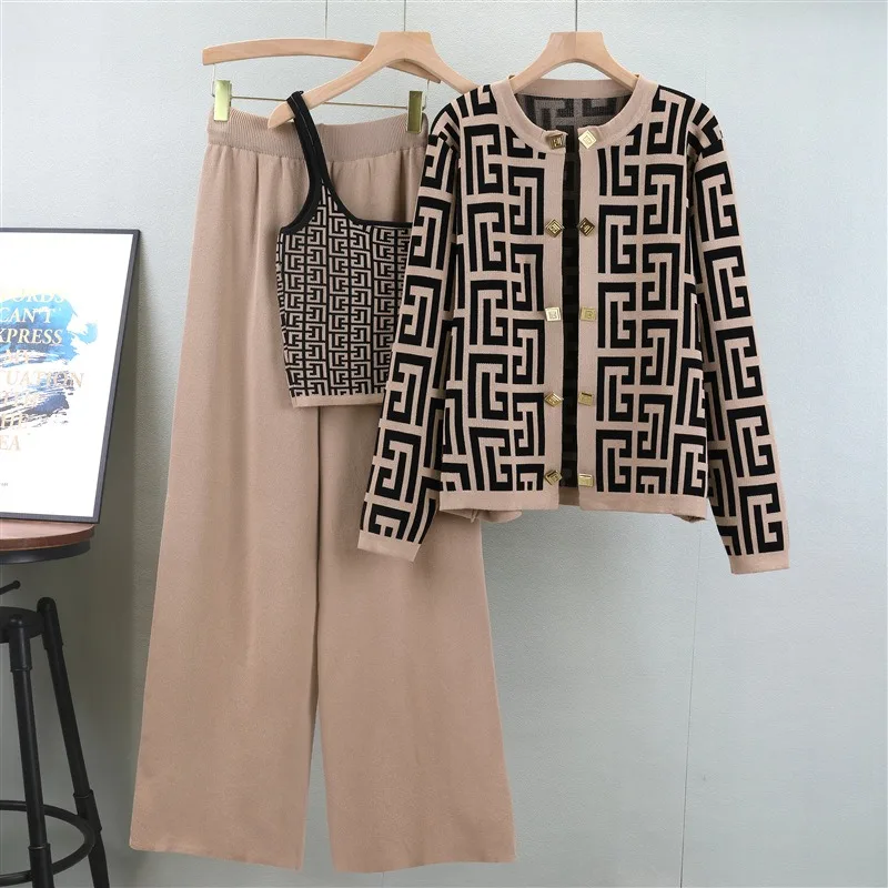 B4903  Autumn Basics 3-Piece Set Resort Wear Women Formal Top Knitted Cooperate Wears for Ladies Elegant