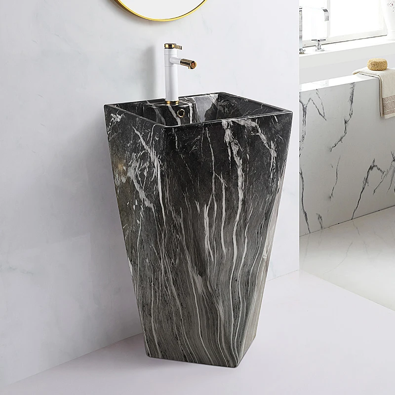 Diamond Free Standing Ceramic One Piece Pedestal Sink Marble Pattern Wash Basin For Bathroom