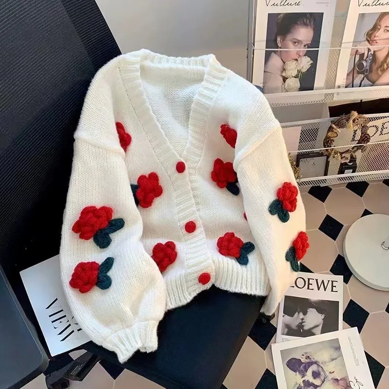 Winter Retro Custom Standard Pink Rose Ladies Casual Gift Floral Front Logo Short Knitted Woven Women Cardigan Sweater