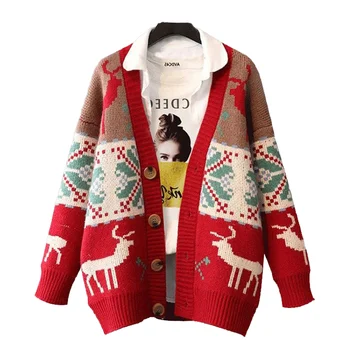 Women's Casual Single Breasted Jacquard Coat Korean Christmas Sweater Button Thick Loose Knitted Cardigan for Spring Autumn