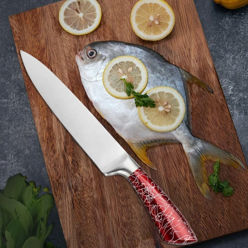 
Удивительные продукты 2021 хорошее качество блестящие красные королевские 8 шт. из нержавеющей стали поварские ножи набор кухонных ножей с акриловой подставкой 