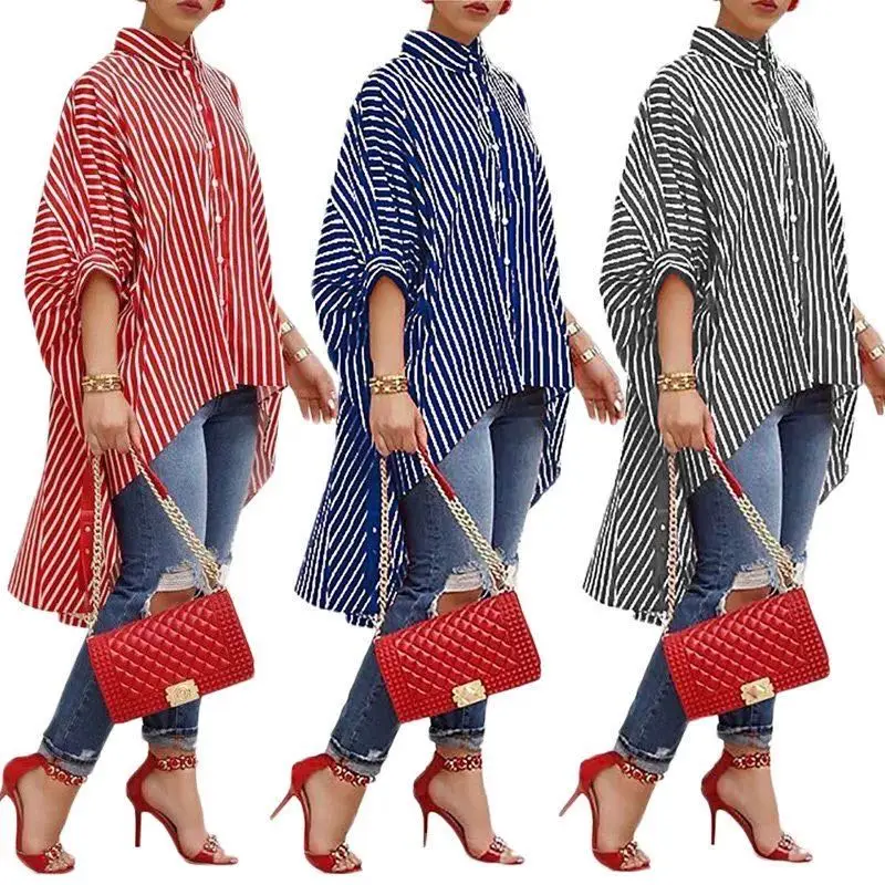 iCODOD Women Plus Size Tops Autumn Winter Striped Asymmtrical Long Sleeve Diagonal Stripes Tunic Blouse T-Shirts 