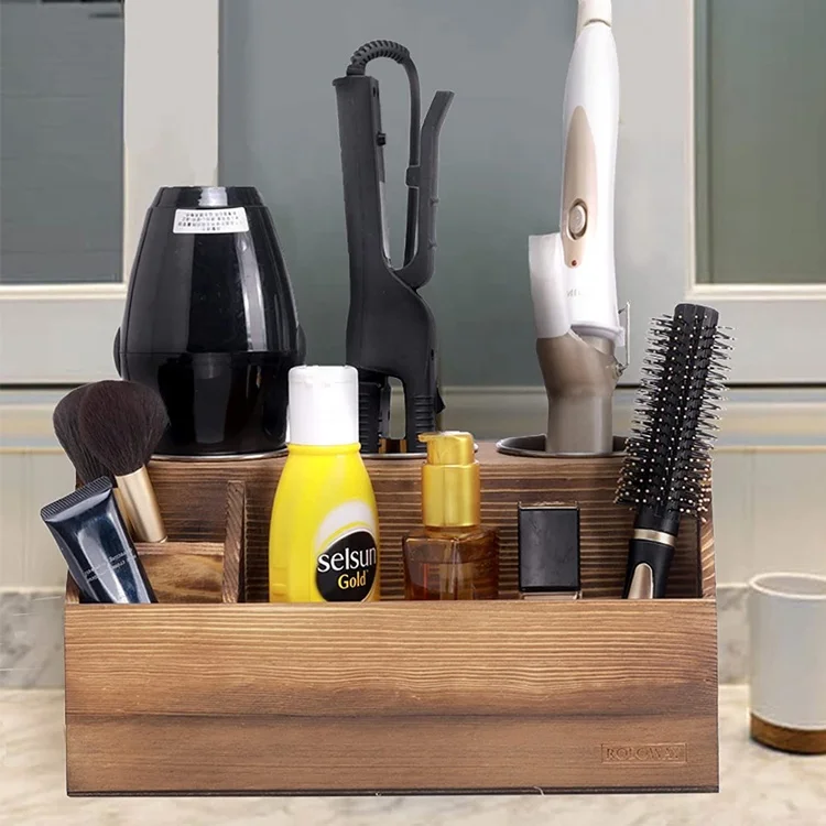 Bathroom Vanity Countertop Torched Brown Wooden Hair Tool Organizer
