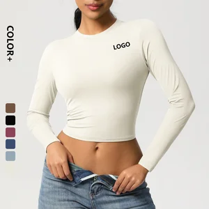 Wholesale Women's Long Sleeve Crew Neck Crop Top Slim Fit Solid Fitted Tee Shirt With Custom Logo Women Crop Tops