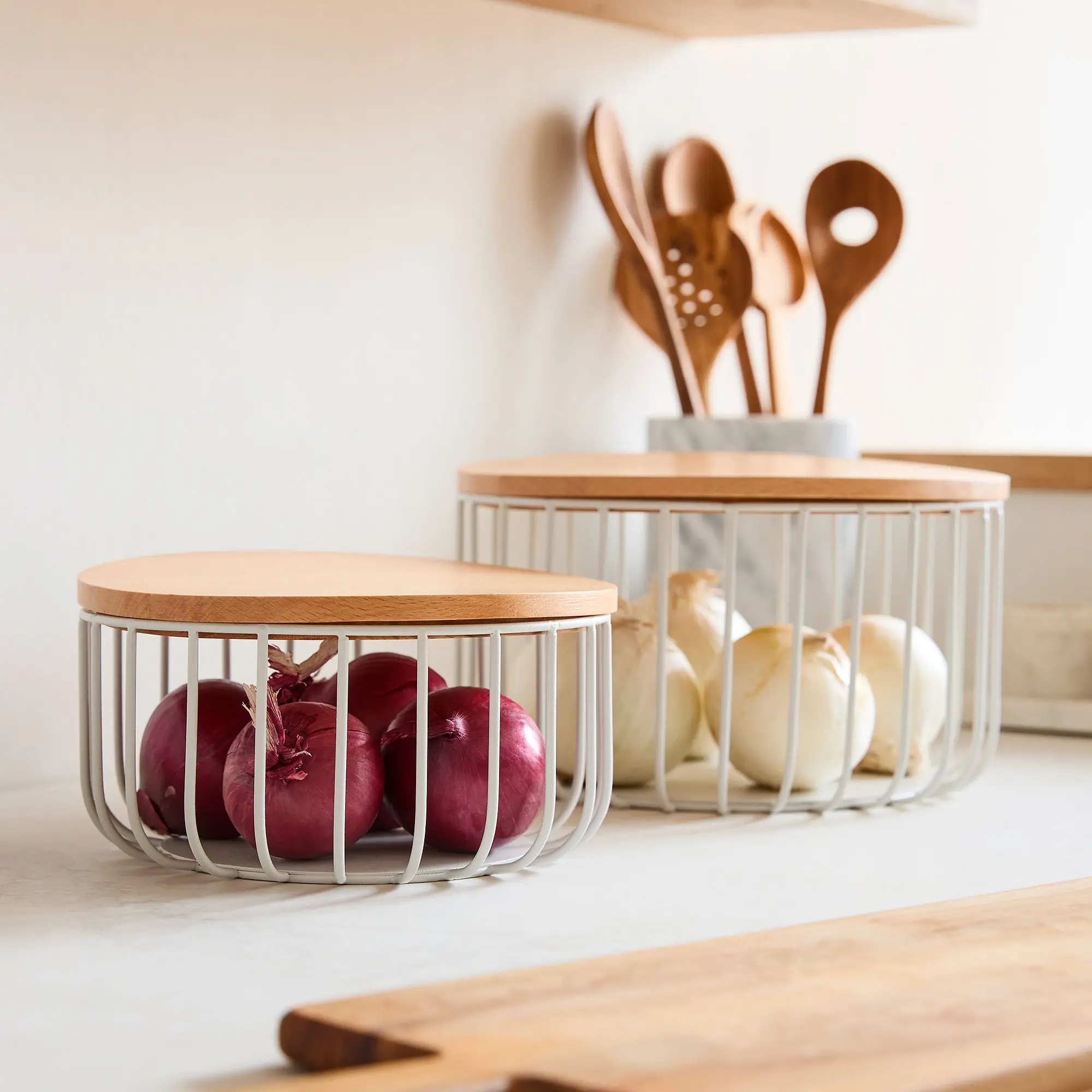 Durable Set of 2 Metal and Wood Storage Basket, Fruit and Onion Tomato Potato Basket