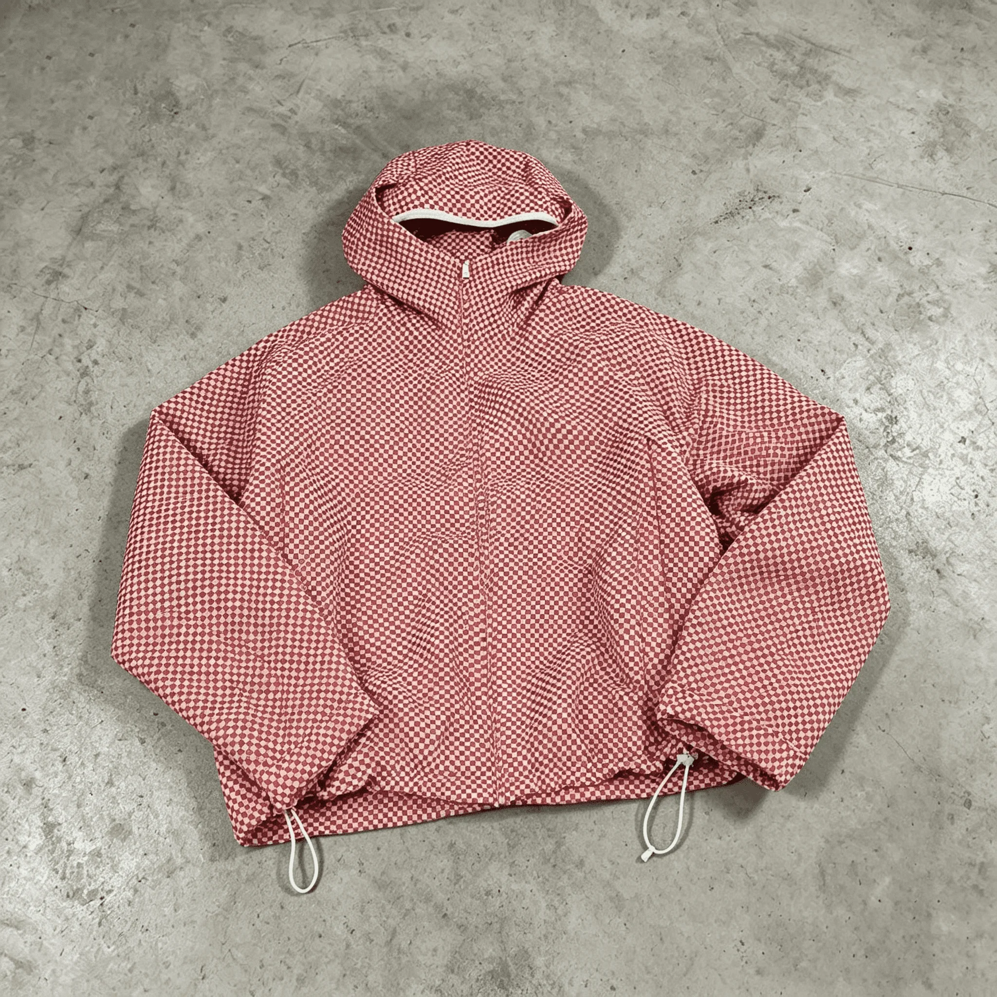 Custom OEM Minimal Micro Check Hooded Wind Jacket Cropped Drawstring Nylon Zip Outerwear Urban Daily Commute Casual Wear