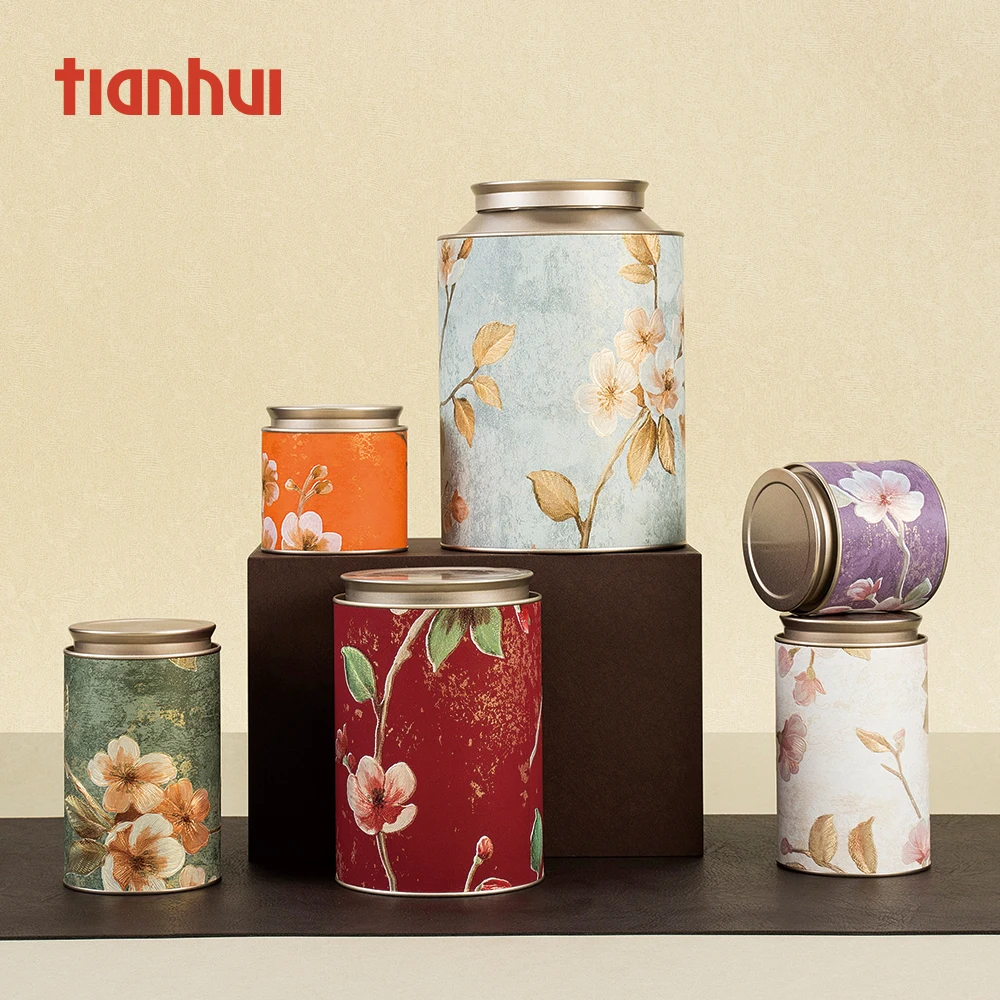 Latas grandes Tianhui de estilo chino con flores doradas, latas especiales con cuerpo de papel, latas herméticas con tapas dobles