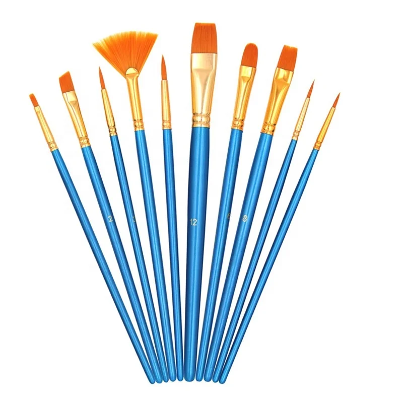 10Pcs Paint Brushes with Fan Brush Set Short Rod Nylon Hair for Watercolor Gouache Oil Acrylic Paint