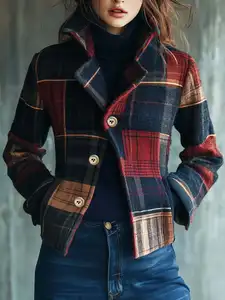 2026 Women's Plaid Vintage Warm Coat Fall Winter Stand Collar Patchwork Button-Up Small
