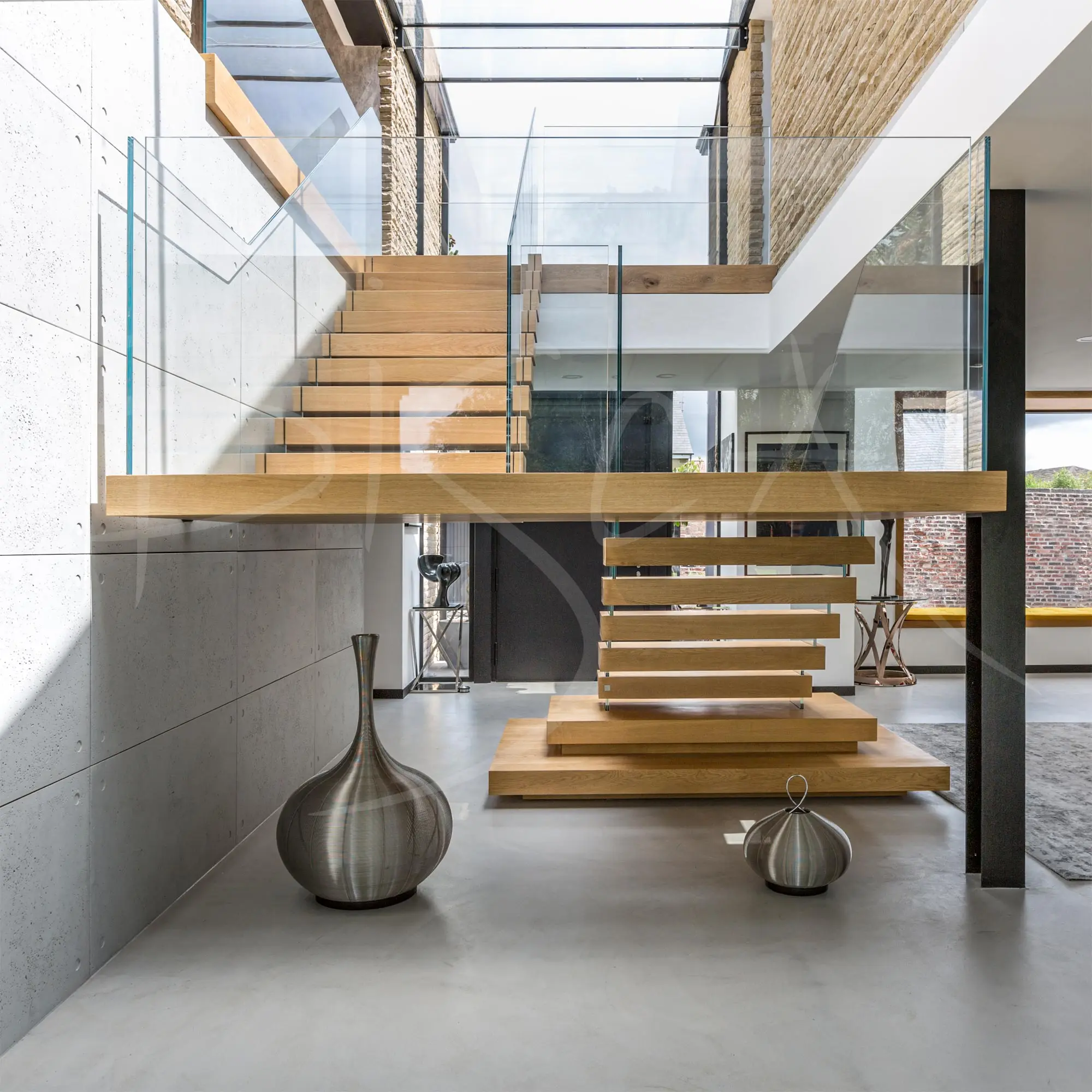 Floating modern staircase indoor invisible steel stringer wood stairs with glass railing details