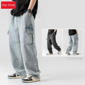 OEM & ODM  Men's Double Stereo Pocket Cargo Pants New Retro Old Wash Water Workwear Trousers Denim Casual Wholesale Sample