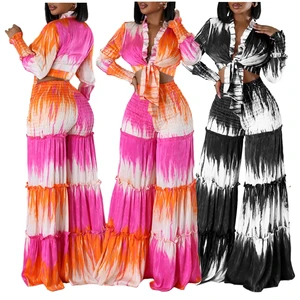 C8598 Trendy Fall Outfits for Women Printed Strap Long Sleeve Top and High Waist Wide Leg Pants Two Piece Set Women Clothing