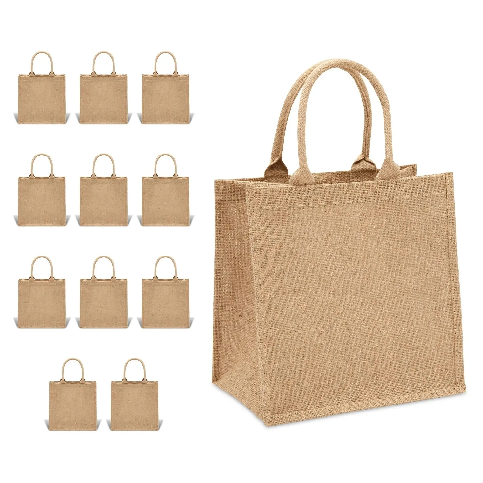 Eco Friendly Tote Bag Portable Burlap Jute Shopping Bag Handbag Bamboo Loop Handles Tote Retro