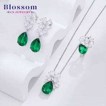 Blossom CS Jewelry Exclusive Design Emerald Pendant Necklace Set Gift Party 925 Sterling Silver Fine Jewelry Sets For Women