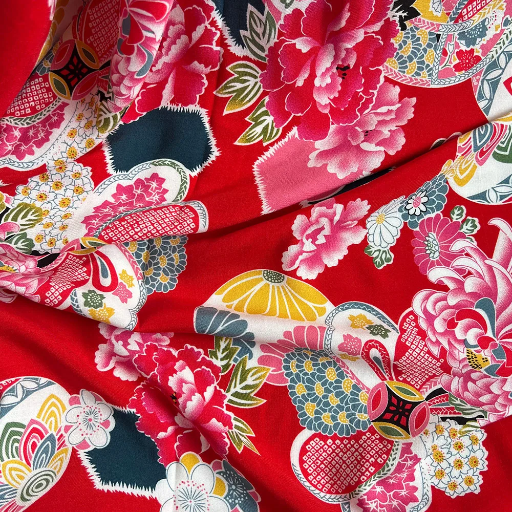 Заводская цена от производителя красная винтажная вискозная ткань под заказ Тропический Принт 100 вискоза вискозная ткань с принтом для рубашки