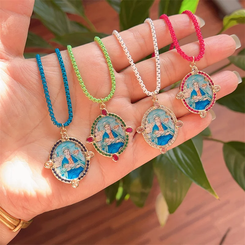 Wholesale Womens Catholic Religious 18K Gold Plated Zircon Paved Enamel Color Our Lady Virgin Mary Pendant Charm Necklace