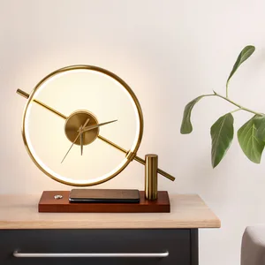 European Style Clock Table Light Hotel Bedside Nordic Wooden Led Desk Lamp with Wireless Charger