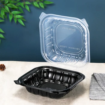 Black & Clear Hinged Lid Meal Prep Container 3 Compartment 8x8 Inch Clamshell Take Out Disposable Food Container