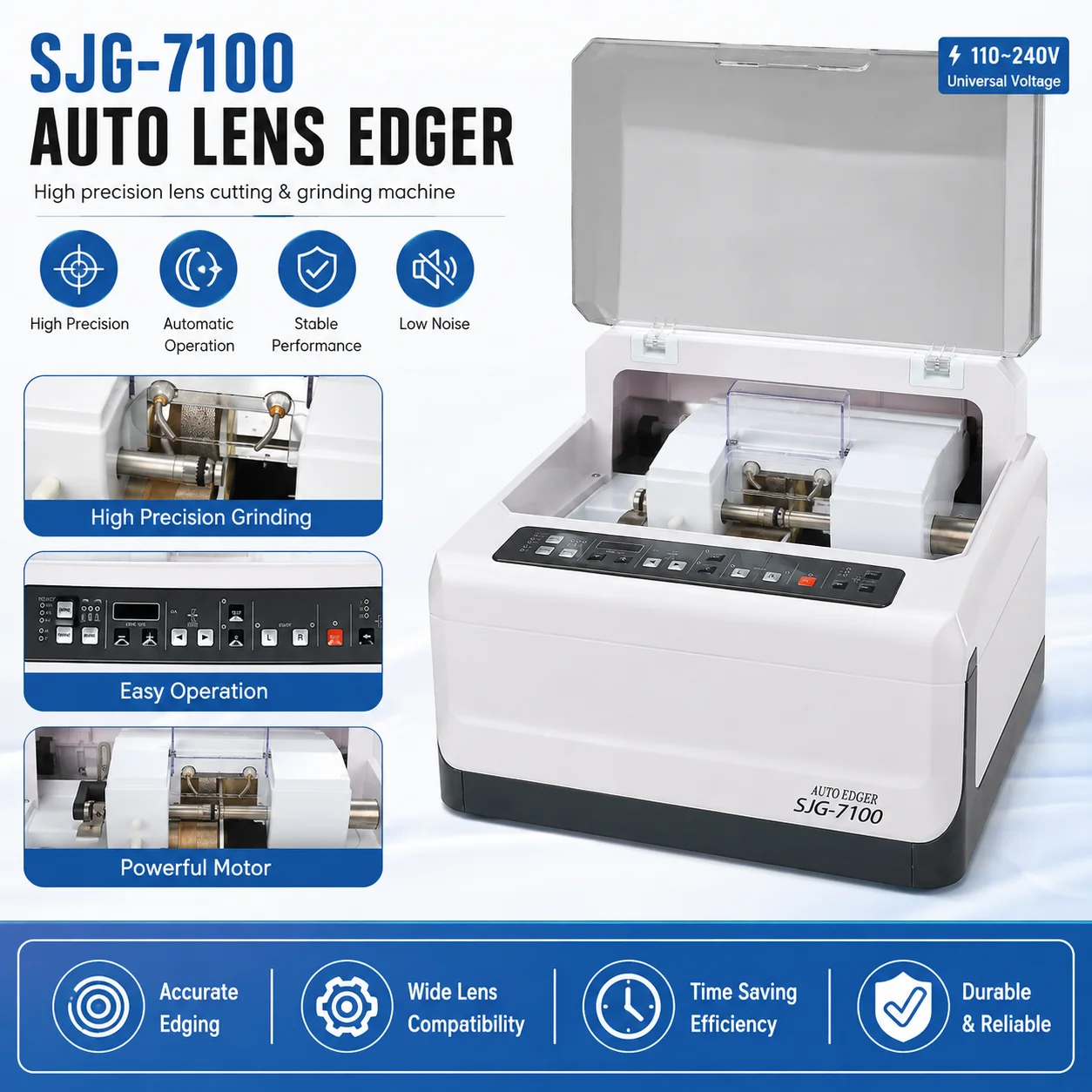 SJG-7100 Automatic Lens Edger Optical Lens Grinder Machine for CR39 Glass PC Lenses with Polishing and Beveling 110V 220V