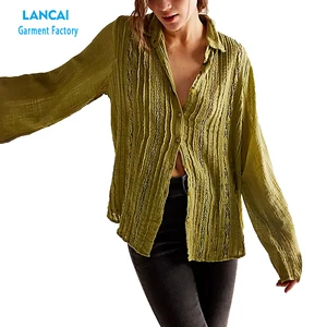 Wholesale Quality Women Button Down Shirt Puffs Sleeve Plus Size Linen T Shirt Long Sleeve Tops Shirts Women