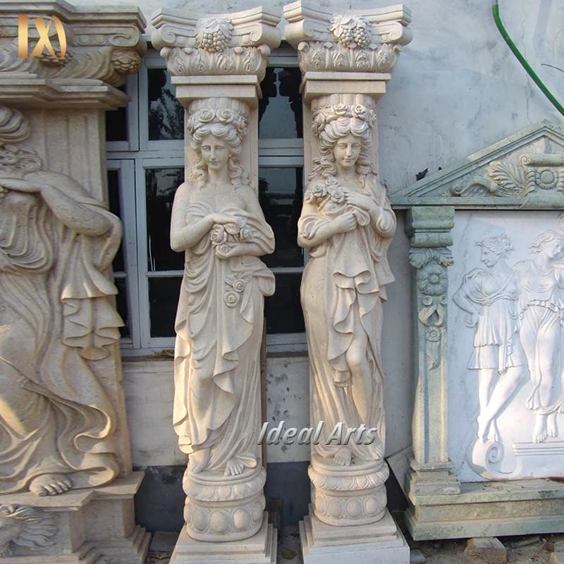 Ideal Arts Marble Column Stand with Man Statue Stone Pillar Sculpture