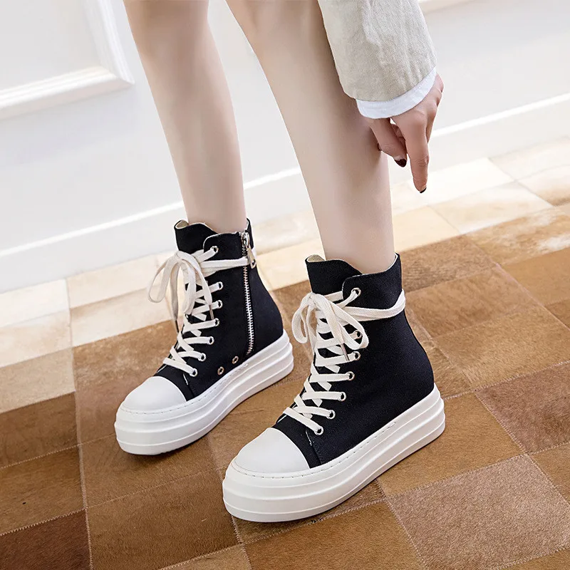Casual Canvas Shoes Luxury Trainers Ankle Lace Up Women Sneaker Zip  Hip Hop Streetwear Flat Chunky Sneaker Shoes