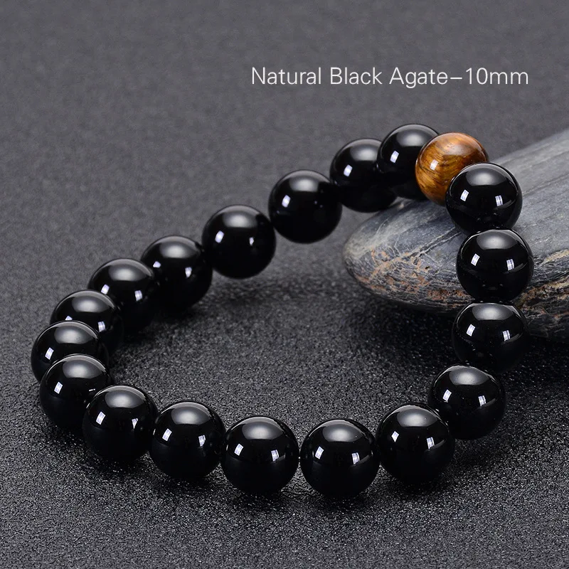 MEALGUET 2pc Men's Bracelet Set - Black Gemstone Tiger Eye & Agate Cross Bead Bracelet + Stainless Steel Chain Bracelet