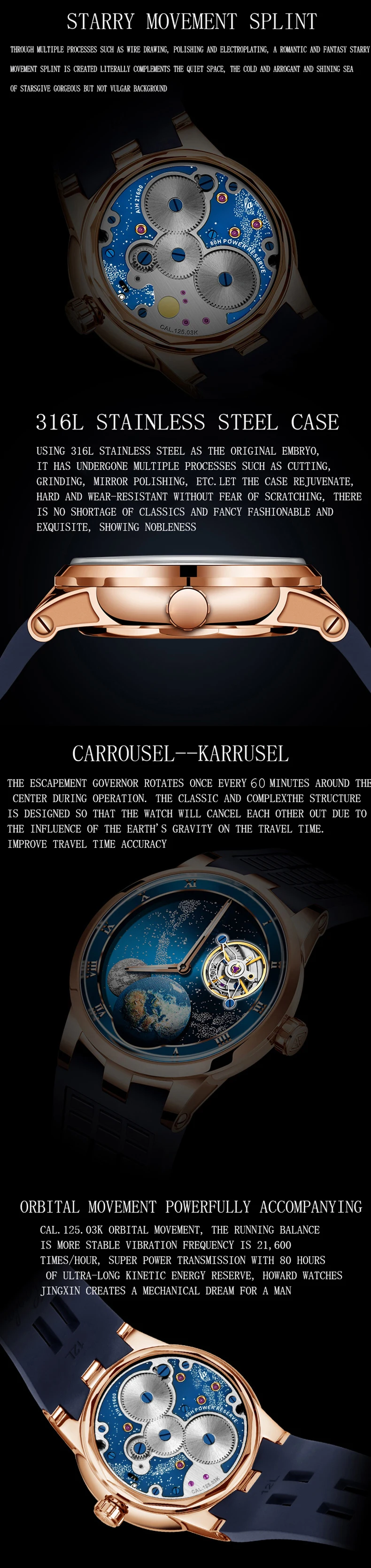 Carrousel Mechanical Watch For Men Sapphire Karrusel Starry Power Reserve 80H Wristwatches Luxury relogio masculino