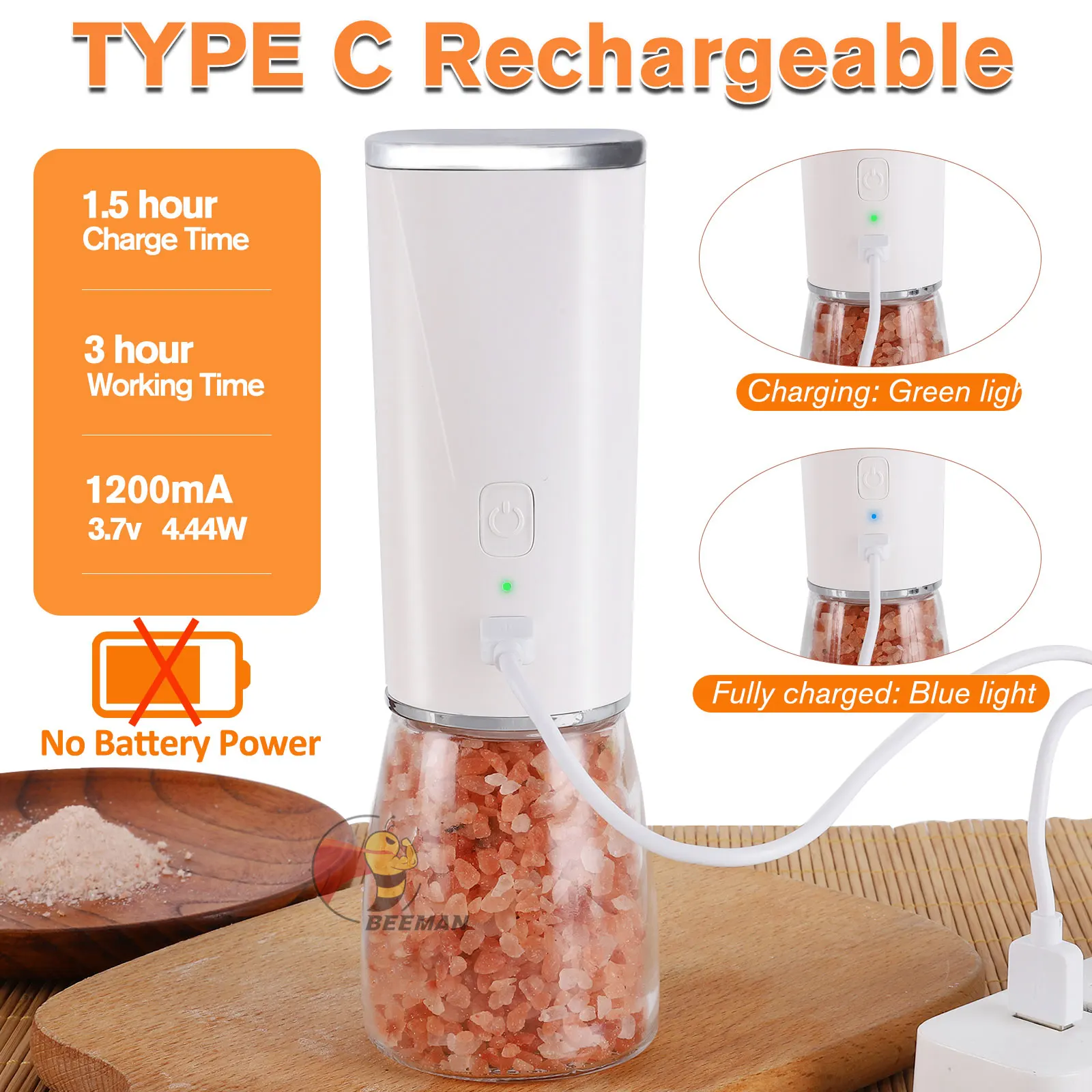 BEEMAN Electric Salt and Pepper Grinder USB Rechargeable Salt and