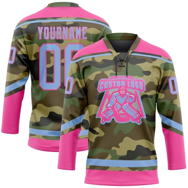 Free Design Team Logo Sewing Pattern Youth Training Ice Hockey Wear Purple Pink Camo Hockey Jersey