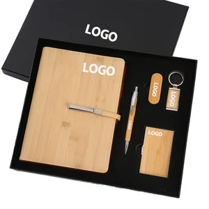 6-in-1 Custom Corporate Business Office Kraft Notebook Gift Set with Logo Wooden Bamboo Accessories