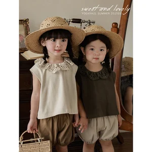 Summer 100% Cotton Lace Collar Elegant Kids Girls Tank Baby Girl Cozy High Quality Sleeveless T-shirt Hot Sale Kid Clothing