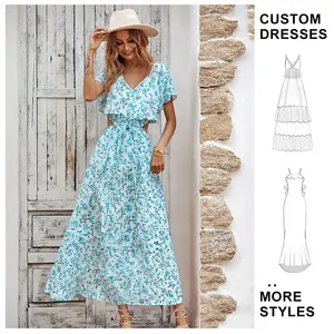 Custom 2025 Summer New Women's Casual Beach Vacation Dress Sexy V-Neck Slimming Long Chiffon Floral Print Ladies Dresses