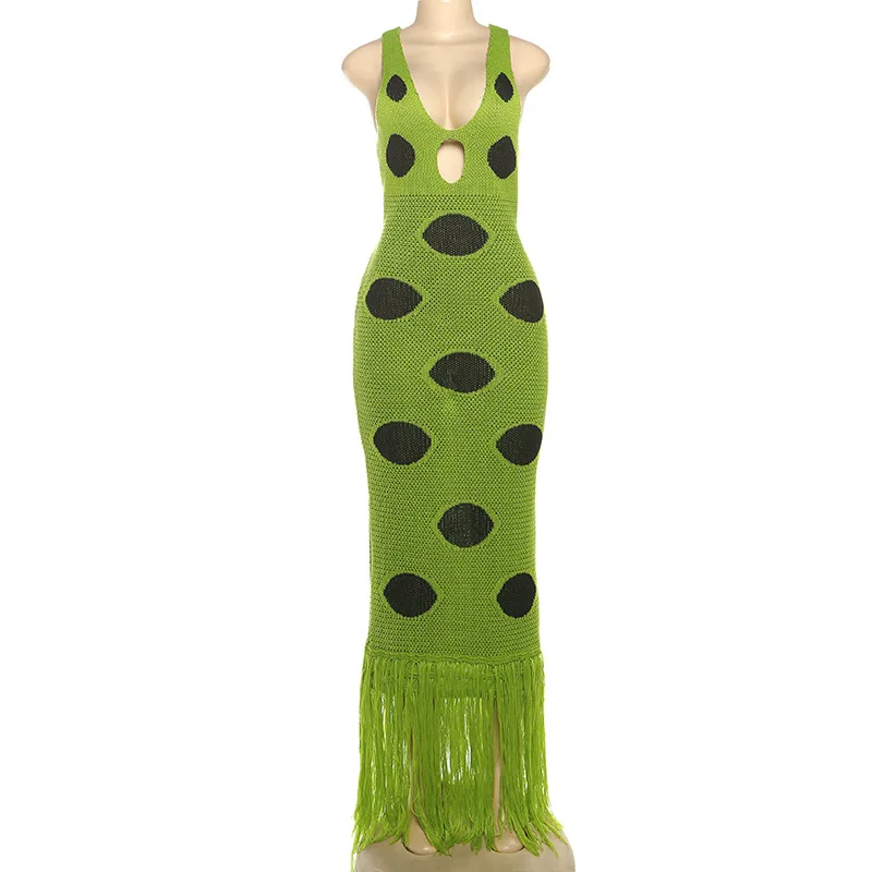 D8177-spring 2026 Women Clothes Trendy Elegant Green Polka Dot Hollow Out  Sleeveless Knit Long Dress with Fringes