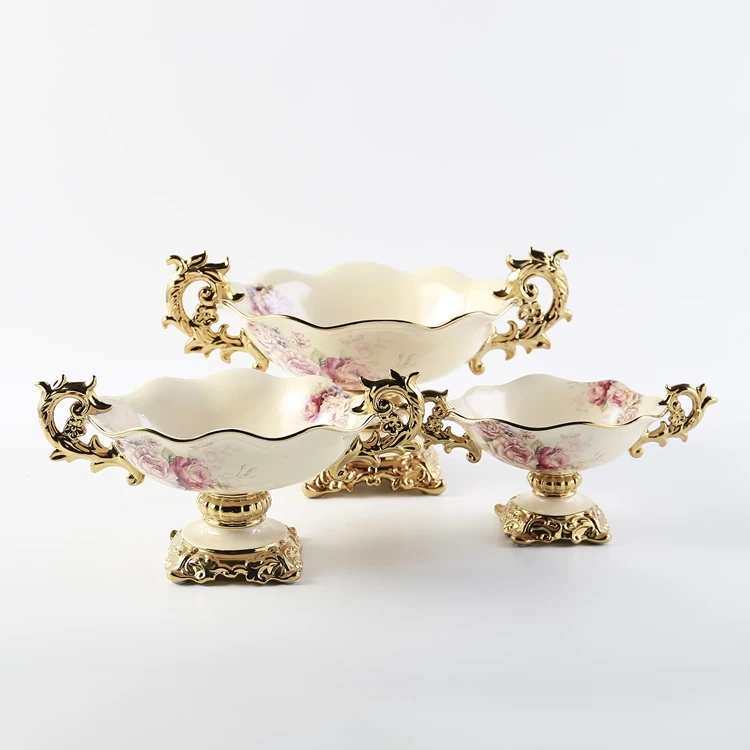 Элегантные цветочные наклейки на заказ Золотая основа роскошные королевские керамические чаши с фруктами для банкета