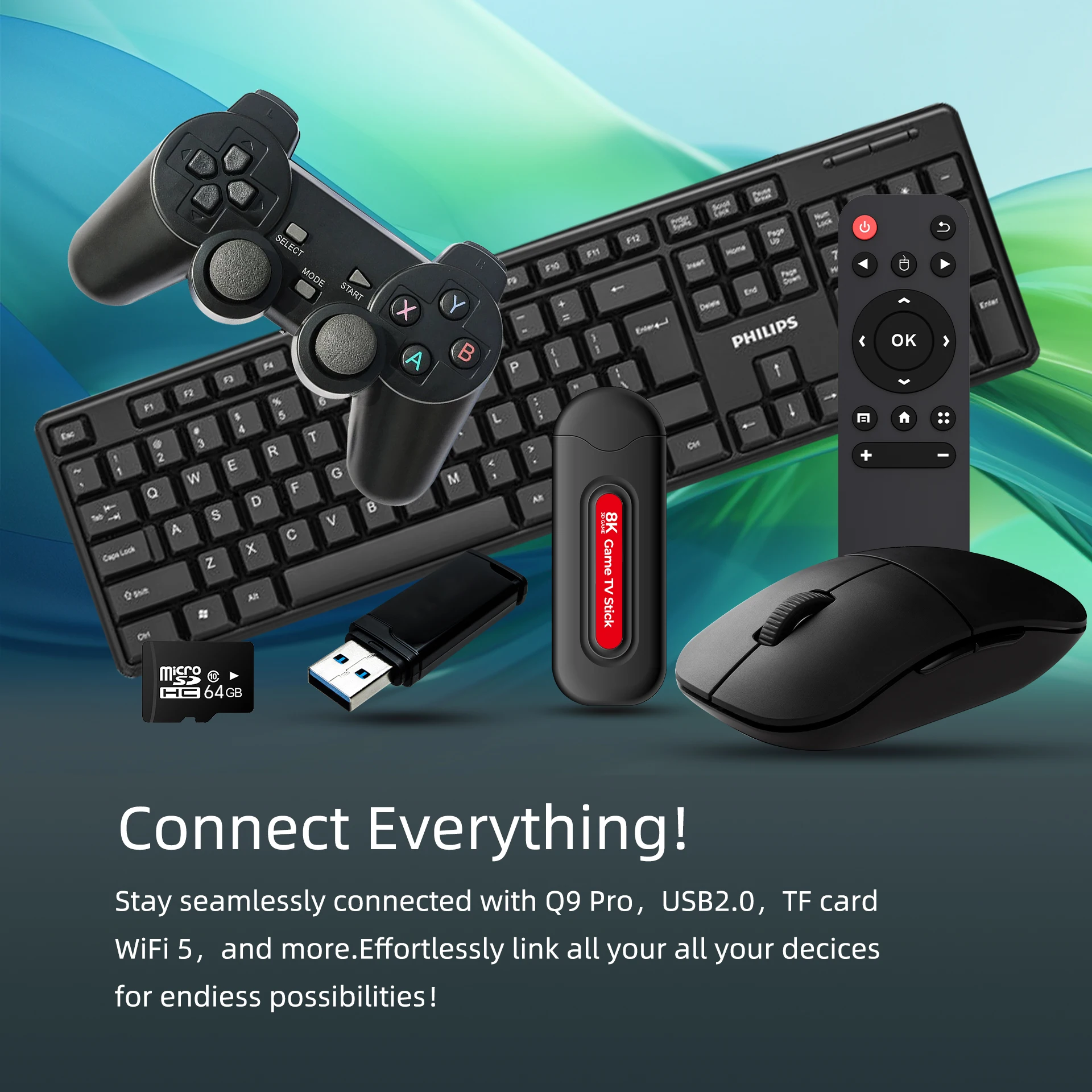 TV Box Jeux Q9 Game Stick - Double Système Android & Jeux Rétro, 8K, 64G, 10000+ Jeux Inclus | Avec Manette Sans Fil