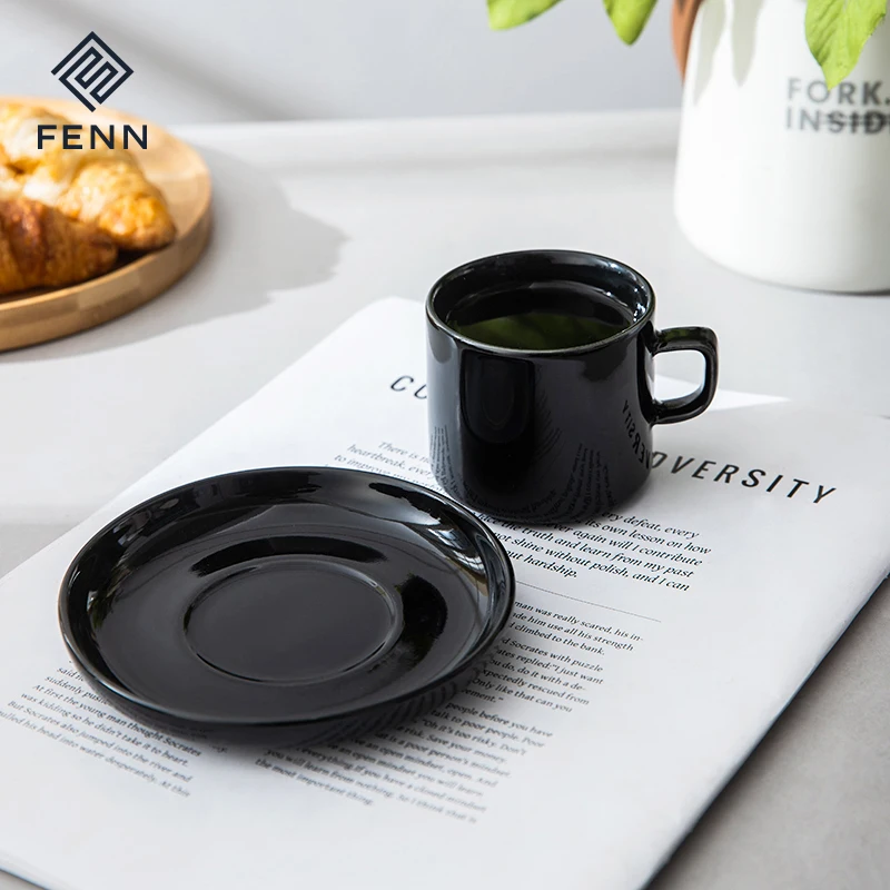 FENN Nordic cafe shop porcelain restaurant coffee cups ceramic black espresso cup with sauce custom logo printed