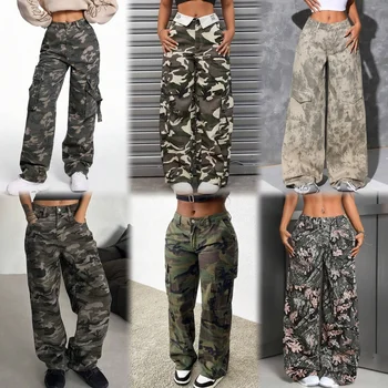 Wholesale women's plus-size cargo pants Custom women's pants cargo street fashion solid color loose lace-up pants