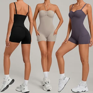 Custom One Piece Summer Sports Bodysuit Jumpsuit for Women Gym Running Fitness Women Yoga Clothing One Yoga Jumpsuit with Pocket
