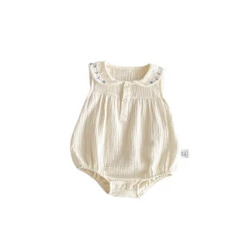 Ins Summer Korean Style Baby Rompers Girls Casual Crawling Suit with Button Closure Breathable Cotton Gauze Baby Jumpsuit