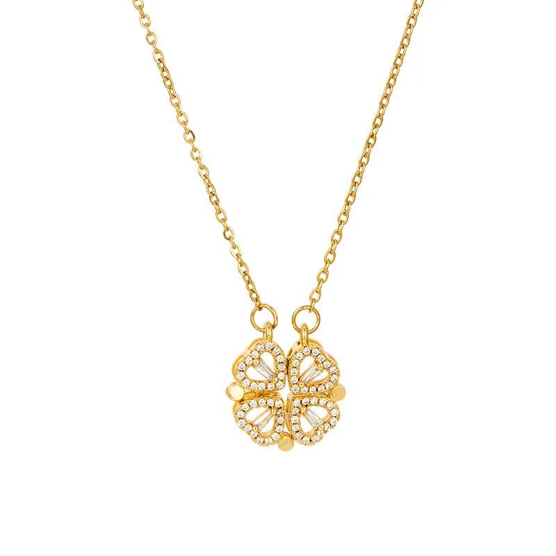 Korea Two Wear Four-Leaf Clover Love Heart Pendant Necklace Stainless Steel Zircon Magnet Necklace for Girls Women Fashion