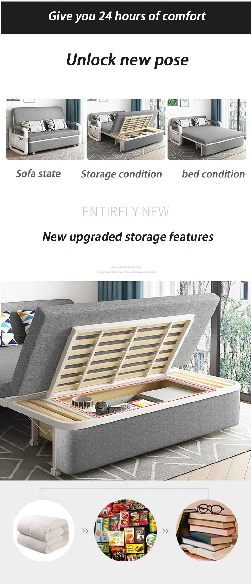 Living Room Sleeper Sofa Bed Furniture Metal Frame Foldable Sofa Cum