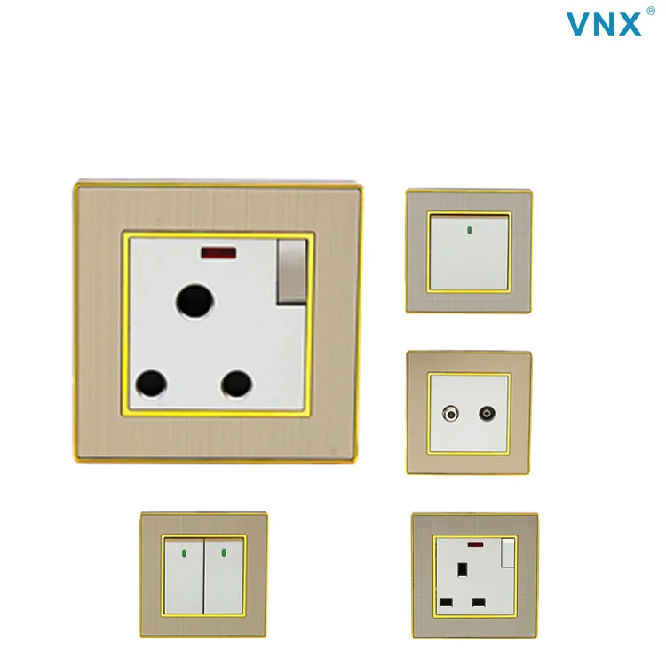 China Factory Customize Available Wall Socket Uk Standard Gold Panel Socket Ouelet New Design Wall Switch and Socket With Neon