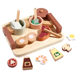 Multi-functional Role Play Wooden Kitchen Simulation Afternoon Tea Makeup Fruit Cutting Play Toys for Kids Toddler Boys & Girls