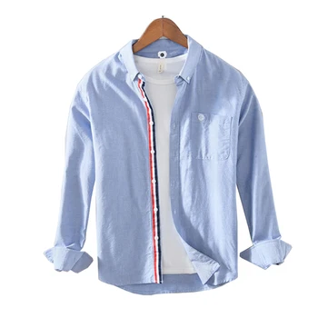 Stock High Quality Casual Pure Cotton Solid Color mens long sleeve shirt Turn-down Collar Washed Shirts For Men