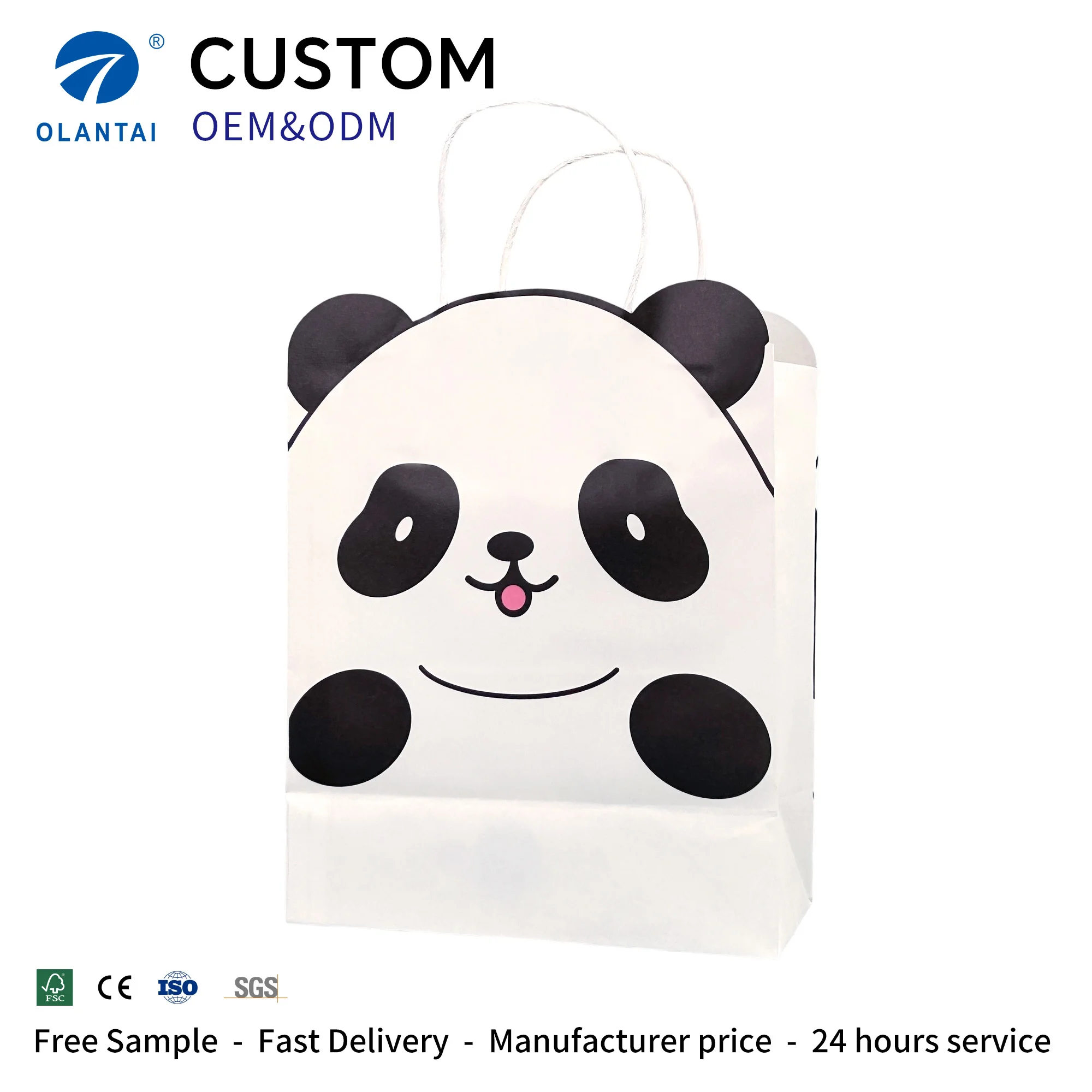 White Brown Recyclable Durable Kraft Paper Bags Glossy Lamination Custom Snack Burger Food Cake Coffee Shop Takeaway Bags Ribbon