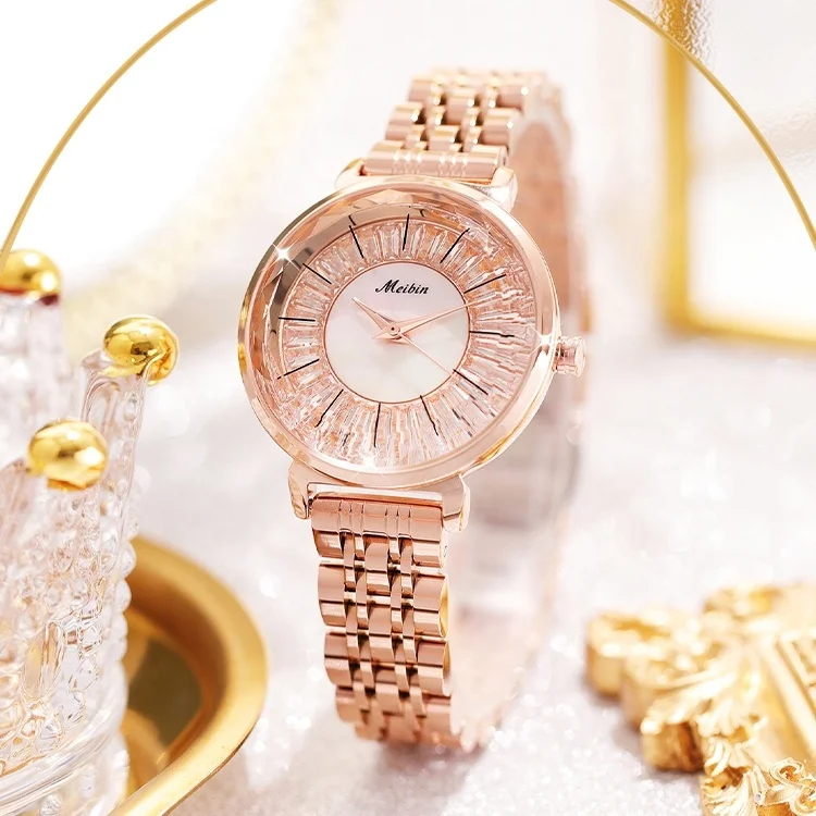 MEIBIN Luxury Gold Flower Diamond Ladies Girl Gift Watch Women - Main Image
